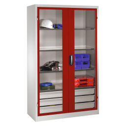 Cabinet material cabinet with viewing windows in 2 hinged doors, 3 floors and 3 drawers 5789315530-D