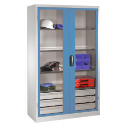 Cabinet material cabinet with viewing windows in 2 hinged doors, 3 floors and 3 drawers.  W: 1200, D: 500, H: 1950 (mm). Article code: 5789315530-LW