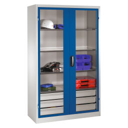 Cabinet material cabinet with viewing window in 2 hinged doors, 4 floors and 3 drawers 578931553-DW