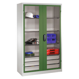 Cabinet material cabinet with viewing windows in 2 hinged doors, 3 floors and 3 drawers