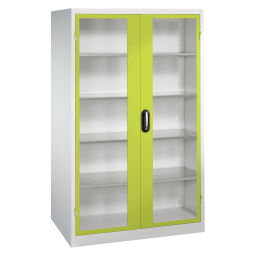 Material cabinet with viewing windows in 2 hinged doors and 4 floors