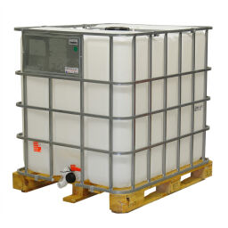 IBC container fluid container 1000 ltr refurbished used Floor:  wooden pallet.  L: 1200, W: 1000, H: 1150 (mm). Article code: 99-035-HP-RF