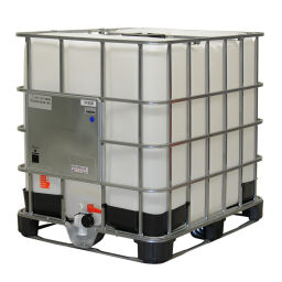 IBC container fluid container 1000 ltr UN-approved Floor:  steel pallet.  L: 1200, W: 1000, H: 1150 (mm). Article code: 99-035-SP-UN