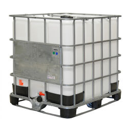 IBC container fluid container 1000 ltr UN-approved refurbished  used Floor:  steel pallet.  L: 1200, W: 1000, H: 1150 (mm). Article code: 99-035-SP-UN-RF
