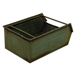 Storage bin steel with reinforced stacking edges and drop grips grip opening