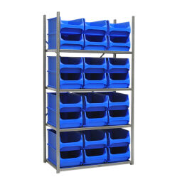 Storage bin plastic combination kit shelving rack including 24 storage bins.  W: 1040, D: 500, H: 2000 (mm). Article code: 55-SET-1M60W