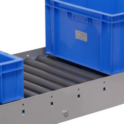 Roller conveyor with plastic rollers 250 mm with side guides .  L: 250, W: 468, H: 127 (mm). Article code: 80-RB250