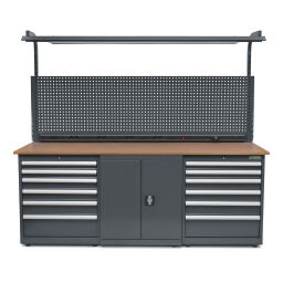 Workbenches with 15 drawers, 1 cabinet, and a tool rack