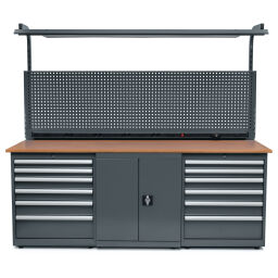 Workbenches with 15 drawers, 1 cabinet, and a tool rack