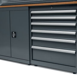 Workbenches with 15 drawers, 1 cabinet, and a tool rack
