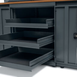 Workbenches with 15 drawers, 1 cabinet, and a tool rack