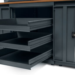 Workbenches with 15 drawers, 1 cabinet, and a tool rack
