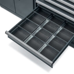 Workbenches with 15 drawers, 1 cabinet, and a tool rack