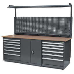 Workbenches with 15 drawers, 1 cabinet, and a tool rack