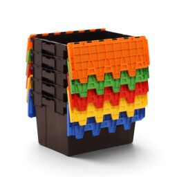 Distribution bin provided with lid consisting of two parts