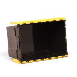 Distribution bin provided with lid consisting of two parts