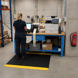 Tapis antifatigue avec un motif de plaque à damier noir et jaune