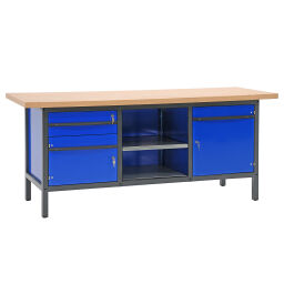Workbenches with 1 drawer, 2 cabinets and 2 shelves, 200 cm
