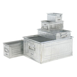 Storage bin steel stackable falling grips at the short sides Surface treatment:  galvanized.  L: 200, W: 140, H: 130 (mm). Article code: 10702V-PERF