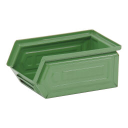 Storage bin steel stackable grip opening Surface treatment:  painted.  L: 160, W: 95, H: 75 (mm). Article code: 1061N