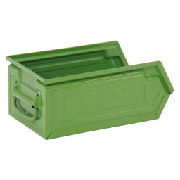 Storage bin steel stackable grip opening Surface treatment:  painted.  L: 350, W: 200, H: 145 (mm). Article code: 1063N