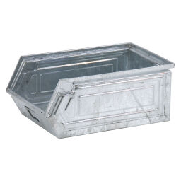 Storage bin steel stackable grip opening Surface treatment:  galvanized.  L: 350, W: 200, H: 145 (mm). Article code: 1063V