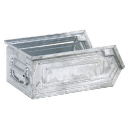 Storage bin steel stackable grip opening Surface treatment:  galvanized.  L: 350, W: 200, H: 145 (mm). Article code: 1063V