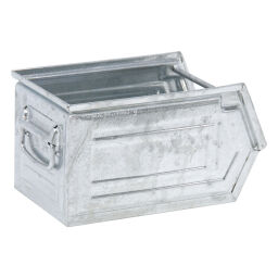 Storage bin steel stackable grip opening Surface treatment:  galvanized.  L: 350, W: 200, H: 200 (mm). Article code: 1064V