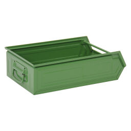 Storage bin steel stackable grip opening Surface treatment:  painted.  L: 500, W: 300, H: 145 (mm). Article code: 1065N
