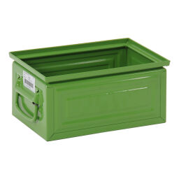 Storage bin steel stackable falling grips at the short sides