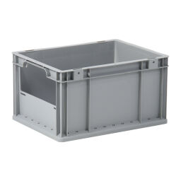 Stacking box plastic with grip opening 1 short site half open