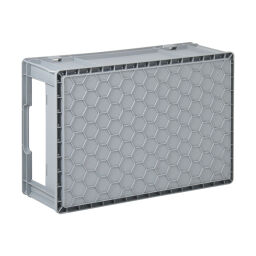 Stacking box plastic with grip opening 1 short site half open