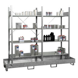 Racks Retention Basin Shelves with retention basins basic and extension shelf with 4 levels (4 levels+retention basin).  L: 2400, W: 800, H: 2250 (mm). Article code: 40-S-3024-4E