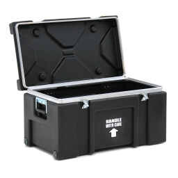 Abschliessbare box transportbehälter auf rädern mit doppelte schnellverschluß und handgriffe