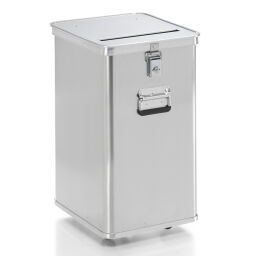 Entsorgungsbehälter Aluminium Kisten niedrige Entsorgungsbehälter Deckel mit Einwurfschlitz 300x27 mm und Durchgriffsicherung.  L: 435, B: 385, H: 650 (mm). Artikelcode: 9020100910