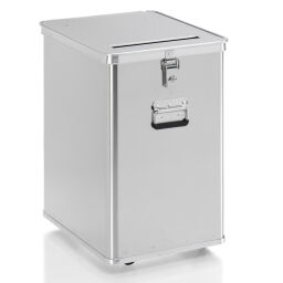 Entsorgungsbehälter Aluminium Kisten niedrige Entsorgungsbehälter Deckel mit Einwurfschlitz 300x27 mm und Durchgriffsicherung.  L: 535, B: 435, H: 650 (mm). Artikelcode: 9020100920