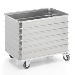 Transport trolleys Aluminium Boxes transport trolley with corrugated walls 2 castor- and 2 rigid wheels, castor wheels with brake.  L: 1030, W: 670, H: 835 (mm). Article code: 9020300807