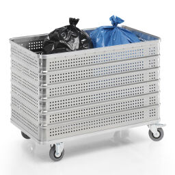 Transport trolleys Aluminium Boxes transport trolley with perforated walls 2 castor- and 2 rigid wheels, castor wheels with brake.  L: 1130, W: 630, H: 835 (mm). Article code: 9020300812