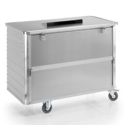 Entsorgungsbehälter Aluminium Kisten fahrbare Entsorgungsbehälter mit Klappe Deckel mit Einwurfschlitz 500x40 mm.  L: 1300, B: 700, H: 990 (mm). Artikelcode: 90MD20370902