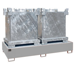 Auffangwanne Stahl Auffangwanne Auffangbehälter für IBC für 2x 1000 l IBC Auffangvolumen (Ltr):  1186.  L: 2650, B: 1300, H: 435 (mm). Artikelcode: 404V-1000-2