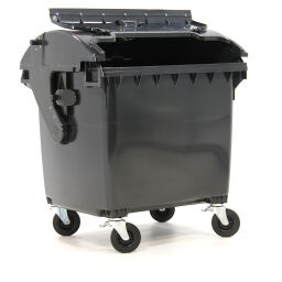 Waste container waste and cleaning suitable for admission through din adapter with hinging lid