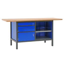 Workbenches with 1 drawer, 1 cabinet and 2 shelves, 200 cm