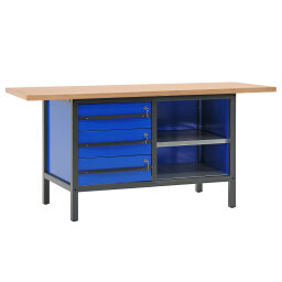 Workbench workbench with 3 drawers and 2 shelves, 200 cm