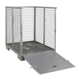 Transport container fixed construction stackable with acces ramp.  L: 1200, W: 1010, H: 1240 (mm). Article code: 99-9103