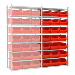 Combinatieset Stelling AANBOUW incl. 21 magazijnbakken Kleur:  rood.  B: 1020, D: 500, H: 2000 (mm). Artikelcode: CS-55-60D-AB