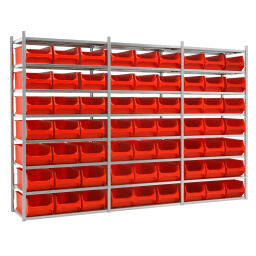 Combinatieset Stelling legbordstelling incl. 63 magazijnbakken Kleur:  rood.  B: 3120, D: 500, H: 2000 (mm). Artikelcode: CS-55-60D-S3