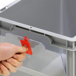 Storage bin plastic with grip opening 1 flap at 1 short side Volume (ltr):  16.  L: 400, W: 300, H: 170 (mm). Article code: 38-IC43-1708-D
