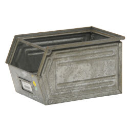 Storage bin steel with reinforced stacking edges and drop grips