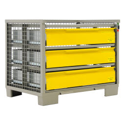 Gitterbox feste Konstruktion stapelbar mit 3 perforiert Schubladen Spezialanfertigung.  L: 1240, B: 835, H: 970 (mm). Artikelcode: 99-003-GR3-2-L
