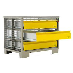 Mesh stillages fixed construction stackable with 3 perforated drawers